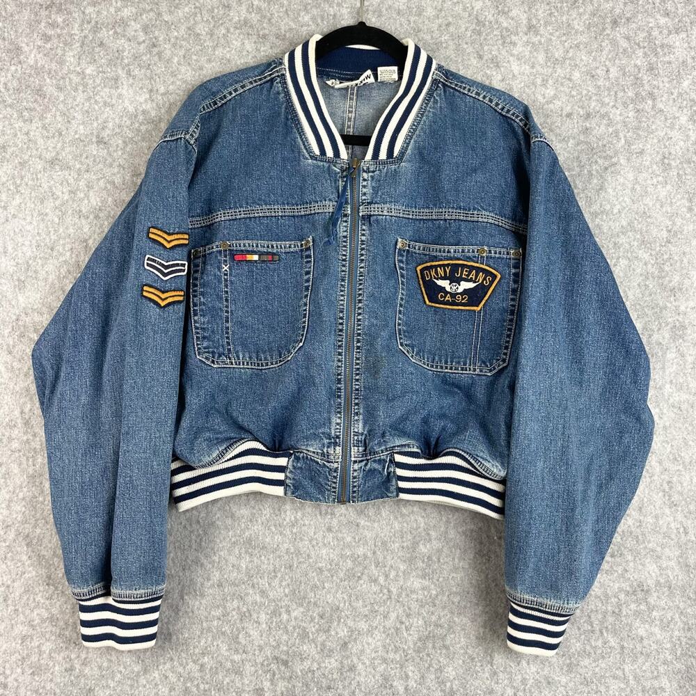 Vintage DKNY Jeans Denim Bomber Jacket Womens 12 Blue Patches Full Zip 80s 90s